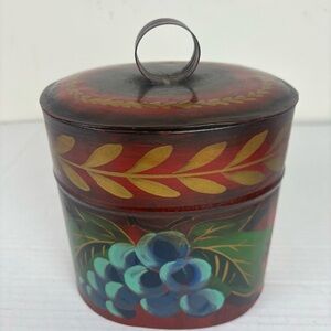 Vintage toile hand-painted tin oval box-signed-grape design